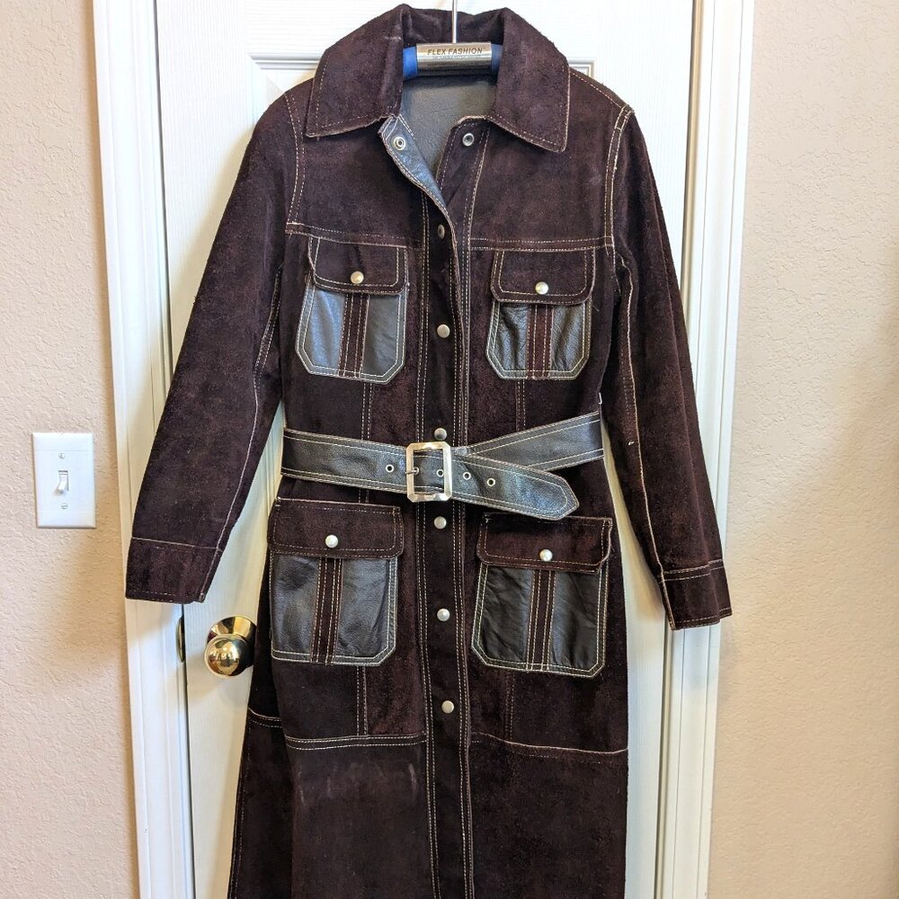 Vintage 1970s Full Grain Leather Coat Reversible Rough Out Belted Coat 70s Brown